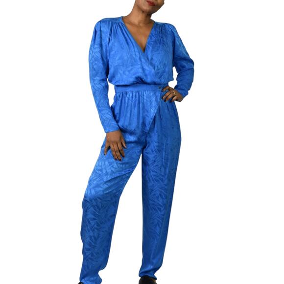 Nora Noh Silk Jumpsuit Blue Vintage Silky Shoulder Pads Tapered Jacquard Small - Picture 1 of 15